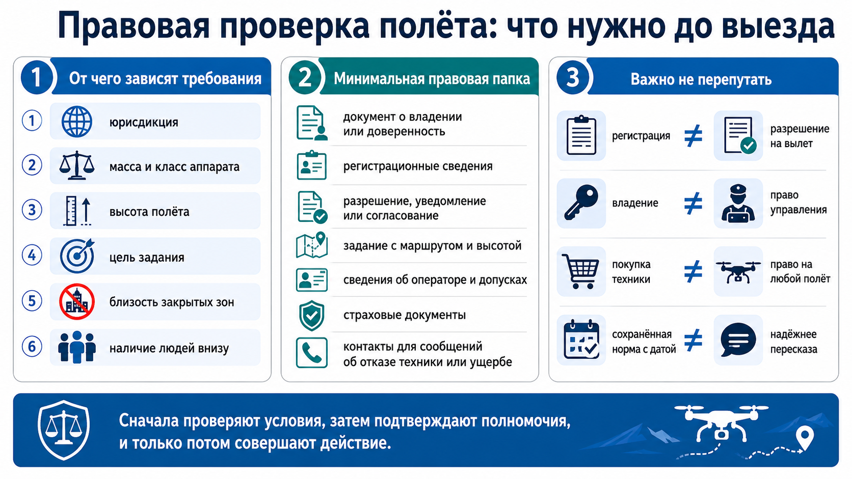 Правовая проверка полёта дрона: требования к вылету, документы оператора, разрешения, регистрация и основные правовые ограничения.
