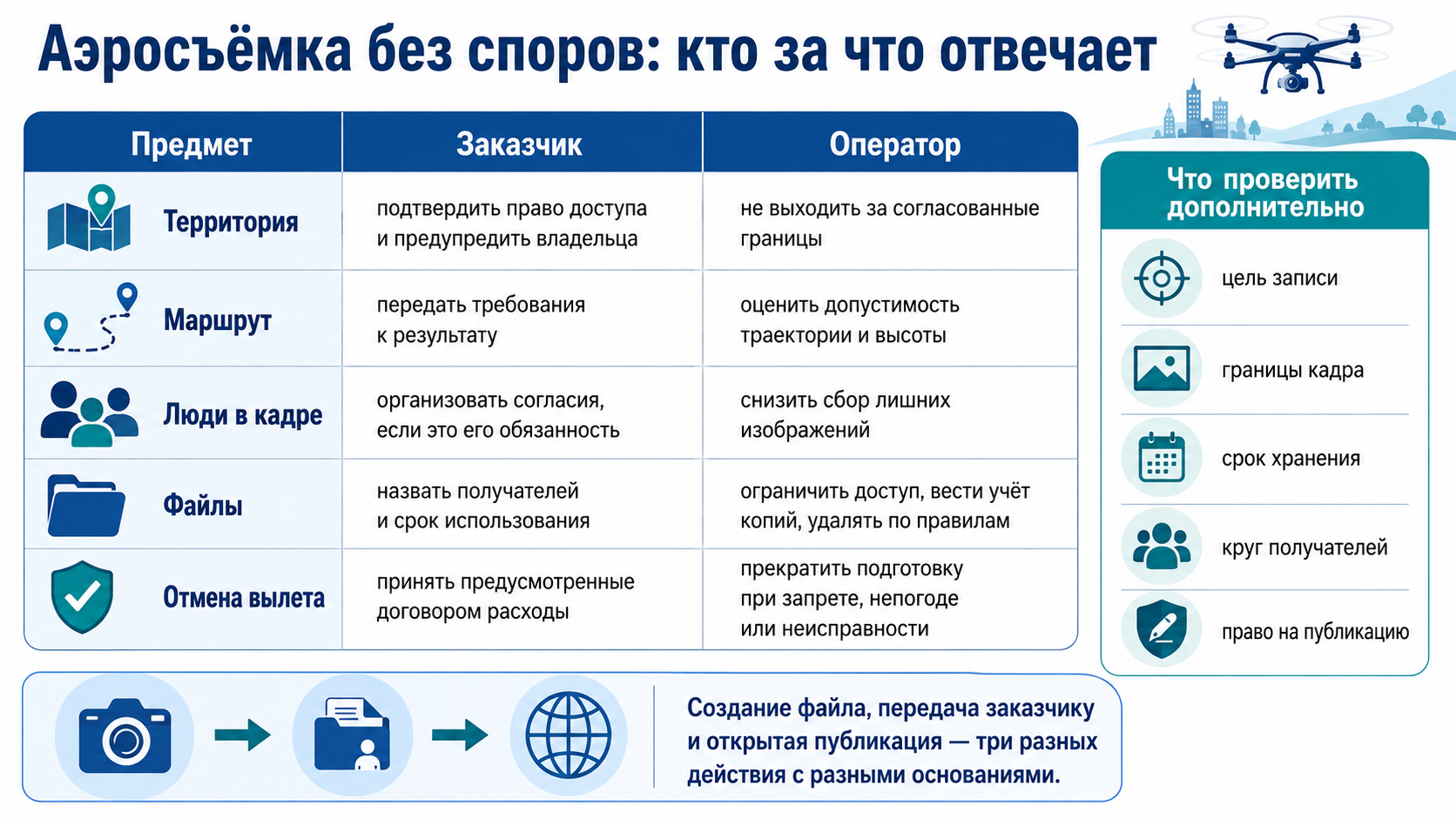 Обязанности заказчика и оператора при аэросъёмке: территория, маршрут, люди в кадре, хранение файлов, отмена вылета и право на публикацию
