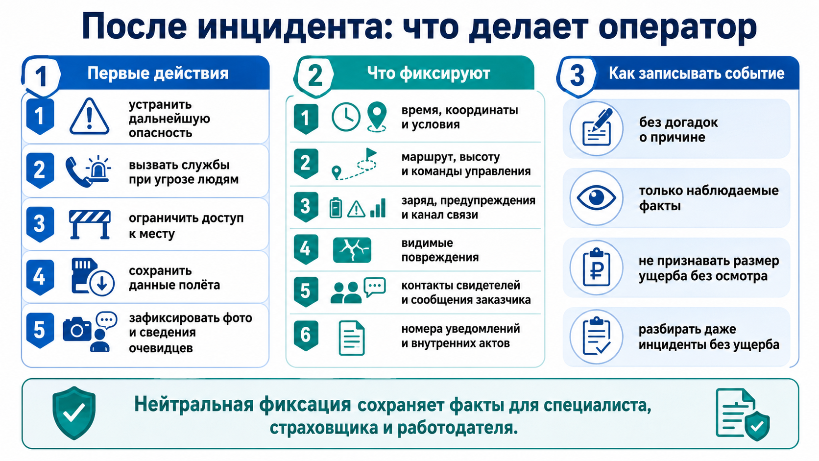 Действия оператора после происшествия с дроном: обеспечение безопасности, фиксация данных полёта, повреждений, свидетелей и обстоятельств инцидента